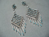 Beautiful Native American Zuni Blue Gem Turquoise Sterling Silver Dangle Earrings-Nativo Arts