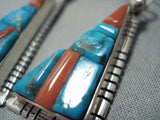 Astonishing Native American Navajo Creek Turquoise Coral Sterling Silver Earrings-Nativo Arts