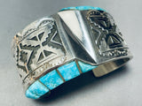 Side Inlay Turquoise Native American Navajo Wide Sterling Silver Bracelet-Nativo Arts