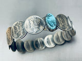 Dazzling Native American Navajo Blue Diamond Turquoise Sterling Silver Dime Bangle Bracelet-Nativo Arts