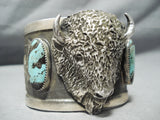 Heavy Detailed Native American Buffalo Turquoise Sterling Silver Bracelet-Nativo Arts