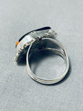 Fascinating Native American Navajo Signed Inlay Jet Coral Turquoise Bear Sterling Silver Ring-Nativo Arts