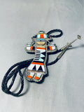 Museum Quality Long Vintage Native American Zuni Turquoise Inlay Sterling Silver Bolo Tie-Nativo Arts