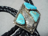 Rare Vintage Native American Navajo Old Kingman Turquoise Sterling Silver Bolo Tie-Nativo Arts