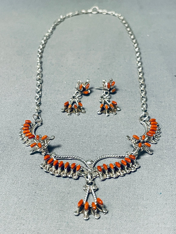 Cute Detailed Native American Zuni Coral Sterling Silver Necklace And Earring Set-Nativo Arts