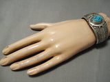 Opulent Vintage Native American Navajo Geomtric Rug Sterling Silver Turquoise Bracelet Old-Nativo Arts