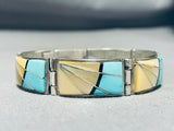 Native American Baroque Vintage Zuni Turquoise Shell Sterling Silver Inlay Bracelet-Nativo Arts