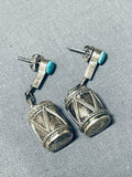 Extreme Detail Vintage Native American Navajo Turquoise Sterling Silver Drum Earrings-Nativo Arts