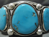 Superlative Vintage Native American Navajo Blue Gem Turquoise Sterling Silver Bracelet Cuff Old-Nativo Arts