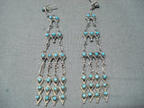 Signed Native American Navajo Turquoise Sterling Silver Chandelier Earrings-Nativo Arts