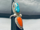Quality Deposit Carico Lake Turquoise Coral Vintage Native American Navajo Sterling Silver Ring-Nativo Arts