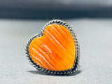 Spectacular Native American Navajo Orange Spiny Oyster Sterling Silver Heart Ring Signed-Nativo Arts