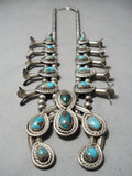 Smokey Bisbee Turquoise Vintage Native American Navajo Sterling Silver Squash Blossom Necklace-Nativo Arts