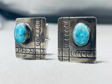 Marvelous Vintage Native American Navajo Kingman Turquoise Sterling Silver Square Cuff Links-Nativo Arts