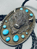 Big Buffalo Powerful Vintage Native American Navajo Turquoise Sterling Silver Bolo Tie-Nativo Arts