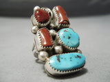 Colossal Vintage Native American Navajo Chunky Red Coral Sterling Silver Turquoise Ring-Nativo Arts