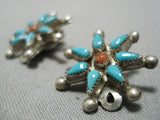 Remarkable Vintage Native American Navajo Coral Turquoise Sterling Silver Earrings-Nativo Arts
