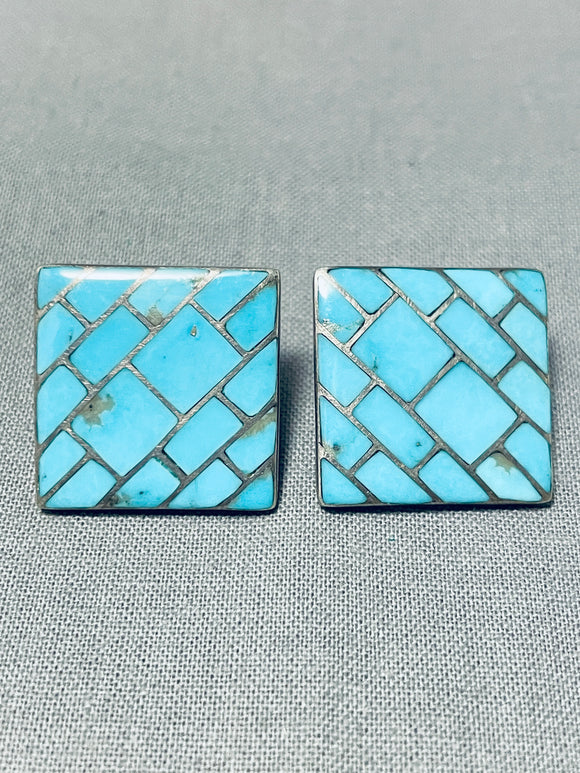 One Of The Most Unique Vintage Native American Navajo Turquoise Inlay Sterling Silver Earrings-Nativo Arts