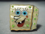 Huge Spongebob Squarepants Native American Zuni Turquoise Sterling Silver Coral Ring-Nativo Arts