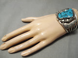 Superior Vintage Native American Navajo Turquoise Leaf Sterling Silver Bracelet-Nativo Arts