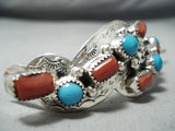 Important Navajo Turquoise Coral Sterling Silver Hairpin Native American-Nativo Arts