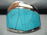 Native American Huge Signed Vintage Southwestern Turquoise Sterling Silver Inlay Bracelet-Nativo Arts