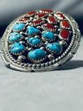 One Of A Kind Native American Navajo Cerrillos Turquoise Coral Sterling Silver Colossal Ring-Nativo Arts