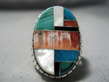 Huge Men's Native American Navajo Turquoise Coral Jet Inlay Sterling Silver Ring-Nativo Arts