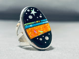 Spectacular Native American Navajo Signed Cosmic Inlay Jet Coral Sterling Silver Oval Ring-Nativo Arts