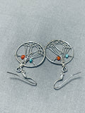 Glorious Native American Navajo Coral Turquoise Sterling Silver Dreamcatcher Earrings-Nativo Arts