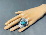 Signed Native American Navajo Old Kingman Turquoise Sterling Silver Cowboy Hat Ring-Nativo Arts