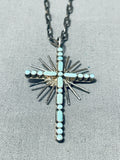 Celestial Vintage Native American Zuni Inlay Blue Gem Turquoise Sterling Silver Cross Necklace-Nativo Arts