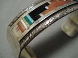Superior Vintage Zuni Native American Navajo Turquoise Inlay Geomtric Sterling Silver Bracelet-Nativo Arts