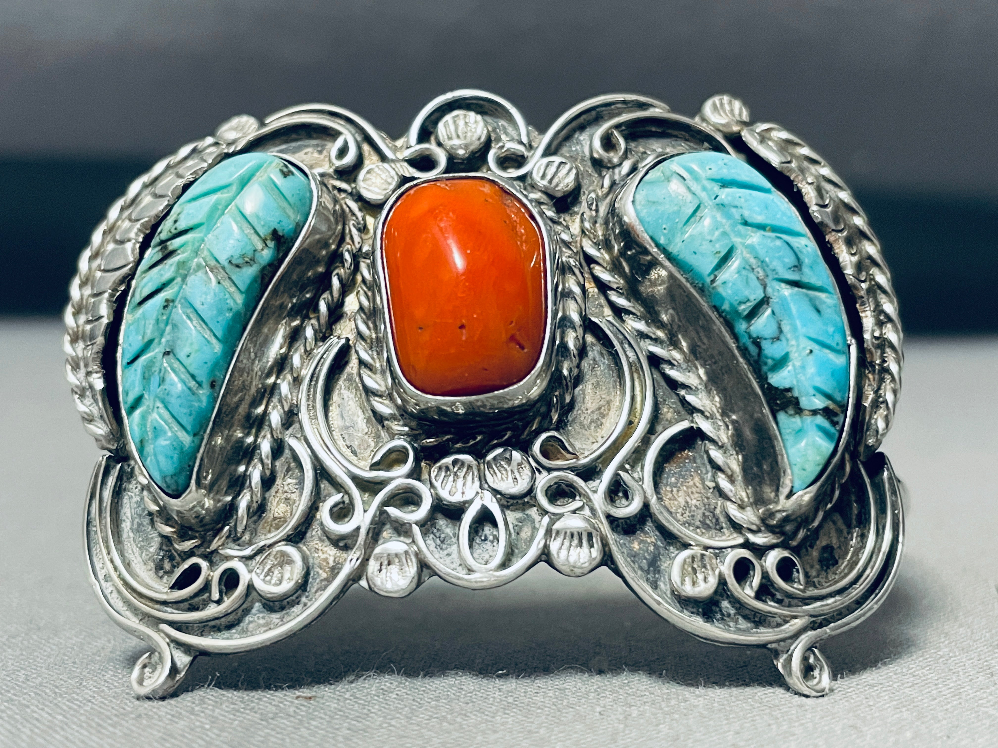 2024 Navajo Vintage Sterling Silver Turquoise & Red Coral Ring