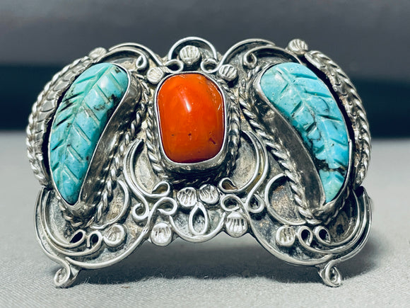 Anegl Wings Turquoise Vintage Native American Navajo Coral Sterling Silver Bracelet-Nativo Arts