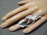 Inlay Master Native American Zuni Inlay Turquoise Coral Jet Sterling Silver Feathers Ring-Nativo Arts