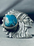 Signed San Felipe Old Kingman Turquoise Sterling Silver Chief Ring-Nativo Arts