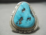 Striking Vintage Native American Navajo Deep Blue Turquoise Sterling Silver Ring Old-Nativo Arts