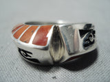 Dazzling Navajo Native American Coral Inlay Sterling Silver Ring-Nativo Arts