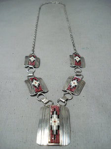 Unique Navajo Native American Coral Inlay Sterling Silver Necklace-Nativo Arts