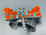 Rare Native American Navajo Signed Inlay Coral Kingman Turquoise Sterling Silver Dragonfly Cuff-Nativo Arts
