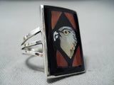 Important Zuni Inlay Coral Eagle Sterling Silver Ring Native American-Nativo Arts