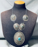 Huge Hand Tooled Vintage Native American Navajo Turquoise Sterling Silver Concho Necklace-Nativo Arts