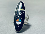 Amazing Native American Navajo Jet Cosmic Sterling Silver Ring Signed-Nativo Arts
