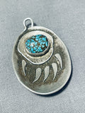 Intense Turquoise Vintage Native American Navajo Badger Paw Sterling Silver Pendant-Nativo Arts