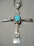 Impressive Vintage Native American Navajo Old Kingman Turquoise Sterling Silver Cross Necklace-Nativo Arts