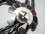Authentic Vintage Native American Zuni Turquoise Coral Sterling Silver Bolo Tie Old-Nativo Arts