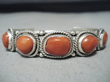 Outstanding Native American Navajo Signed 5 Corals Sterling Silver Bracelet-Nativo Arts