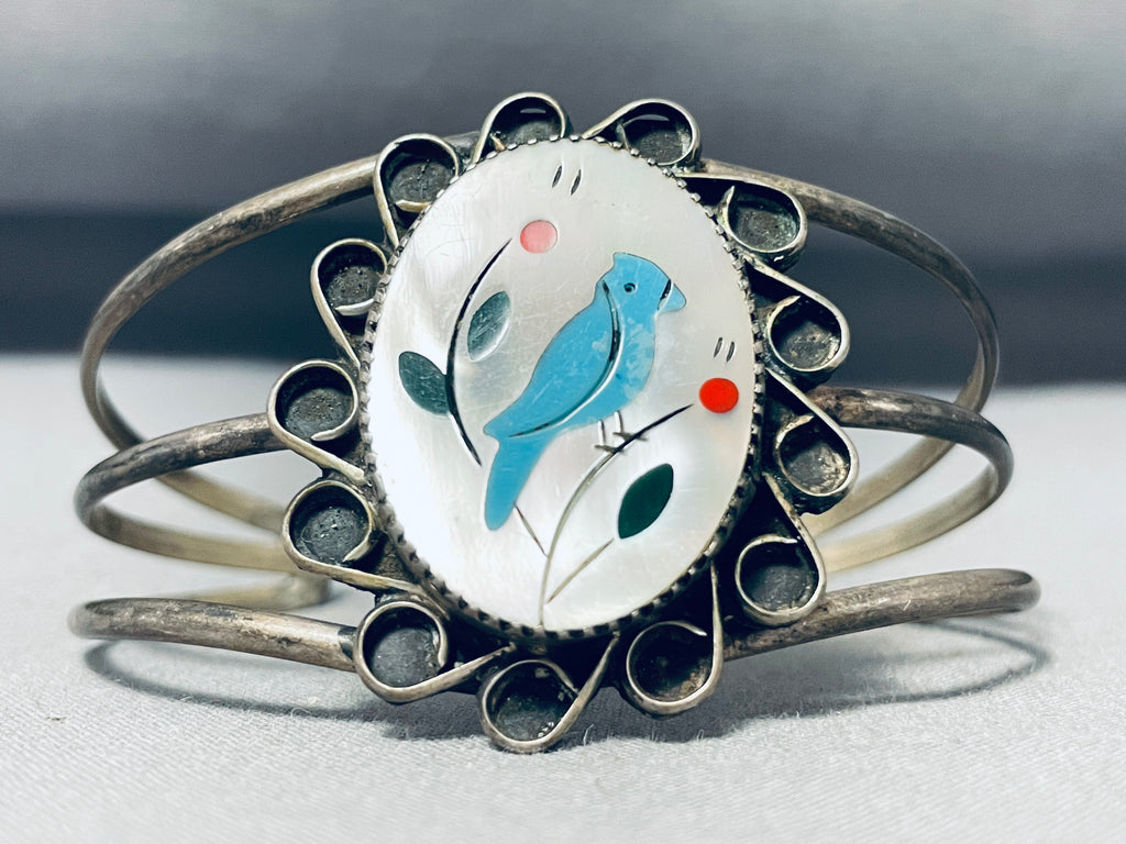 Ornate Vintage Native American Zuni Inlay Turquoise Blue Jay 