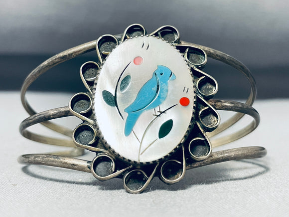 Ornate Vintage Native American Zuni Inlay Turquoise Blue Jay Sterling Silver Sizable Bracelet-Nativo Arts